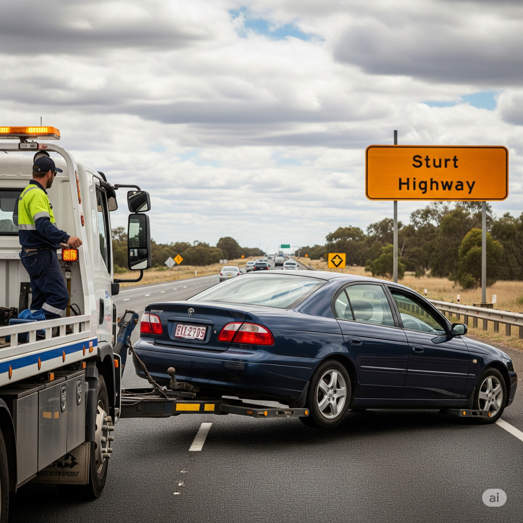 generate an image for towing a vehicle on highway and sign board for sturt highway Generating image... Breakdown on Sturt Highway, SA? Quick Solutions to Get Back on the Road